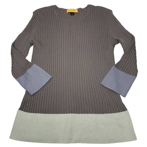 St. John Womens size Large Brown Wool Blend Ribbed Color Block Sweater Pullover - Picture 3 of 13